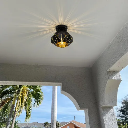 Miniatura 9 de Modern Geometric Ceiling Light, Black Metal Diamond Cage Design, Semi-Flush Mount, Industrial Style, E26, Matte Black with Gold Inside