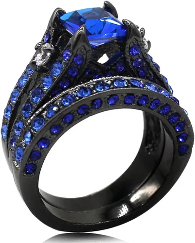 Miniatura 2 de Juego de anillos de matrimonio con circonias cúbicas de corte princesa de color azul y negro