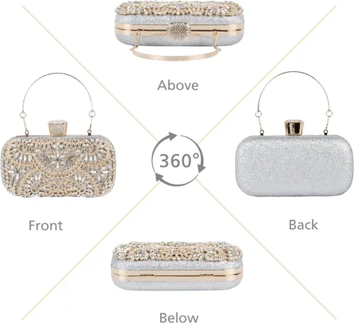 Miniatura 5 de Bolso de mano con diamantes de imitación, bolsa de noche floral de cristal brillante para mujer, formal, graduación, boda, fiesta