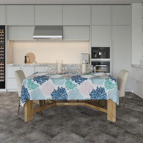 Miniatura 5 de Mantel rectangular náutico costero con estampado de coral, diseño de playa, decorativo impermeable para comedor al aire libre, cocina, sala