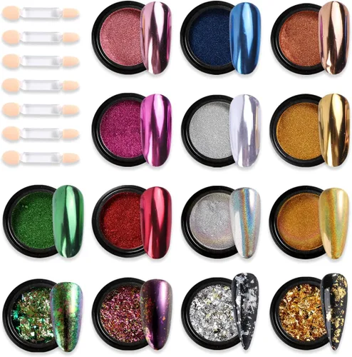 Juego de polvos de uñas cromados, 14 colores, rosa, azul, plateado, efecto metálico, polvo de espejo para uñas con pinceles, pigmento holográfico,