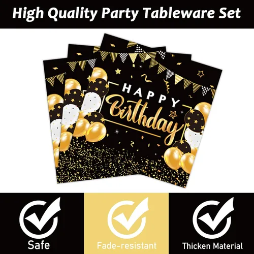 Miniatura 3 de Juego de vajilla para fiesta de cumpleaños de 96 piezas, color negro y dorado, platos y servilletas de fiesta negros, suministros de papel