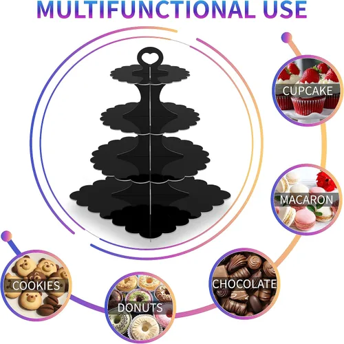 Miniatura 5 de Soporte redondo y cuadrado para cupcakes de 4 niveles, paquete de 2 soportes de cartón resistente para cupcakes 24/50 Pantalla negra para Negro