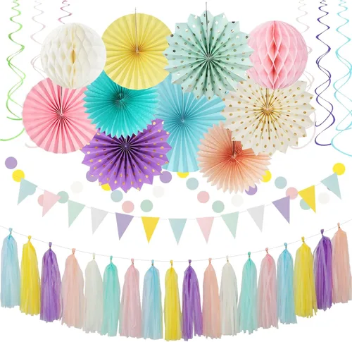 Miniatura 17 de Kits de decoración para fiestas negro blanco-plata - 33 piezas, banderas, guirnaldas con borlas para graduación, pompones de papel de seda tipo