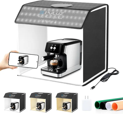 Miniatura 13 de Caja de luz de estudio fotográfico mini de Puluz, kit de tienda de fotos portátil, carpa plegable para fotografía con CRI >95, 104 luces LED y 6