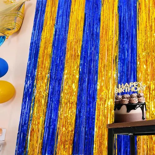 Miniatura 3 de LOLStar Paquete de 2 decoraciones de fiesta azul marino y dorado, cortinas de flecos de aluminio de 3.3 x 6.6 pies, telón de fondo de oropel
