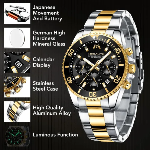 Miniatura 9 de MEGALITH Relojes para hombre, acero inoxidable, impermeable, analógico, de cuarzo, cronógrafo, de negocios, para hombres, fecha automática