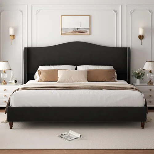Miniatura 11 de Armazón de cama tamaño completo con cabecera de 51" de altura, marcos de cama de plataforma tapizados en chenilla con respaldo clásico curvado tipo