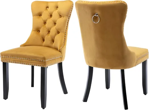 Miniatura 53 de Juego de 4 sillas de comedor de terciopelo, sillas de comedor tapizadas con ribete de cabeza de clavo, patas de madera, anillo de tracción, sillas