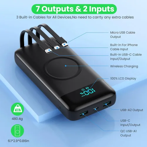 Miniatura 5 de Cargador portátil inalámbrico de 40800 mAh con 3 cables integrados, batería de carga inalámbrica 7 en 1 de 15 W, 25 W PD QC 4.0 carga rápida USB C