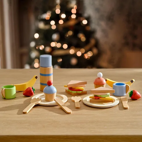 Miniatura 2 de PairPear Juego de comida de juguete de madera para la cocina de los niños, 32 piezas de juguetes de simulación, juego de picnic con bolsa