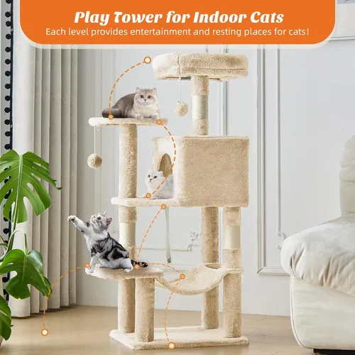 Miniatura 5 de DUMOS Torre pequeña de árbol para gatos de 44 pulgadas, torre de escalada para gatos con postes rascadores de sisal natural, hamaca, condominio