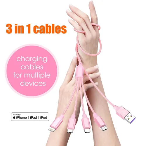 Miniatura 2 de Cable de carga múltiple de 4 pies, paquete de 2 cables de carga Doub Tyep-C 4 en 1, de nailon trenzado, cargador Lightning para iPhone, cable