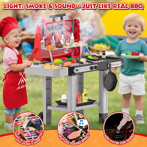 Miniatura 5 de Juguetes de cocina para niños de 86 piezas: juego de parrilla para niños con humo, sonido, luz, UV y agua que cambia de color, juego de cocina