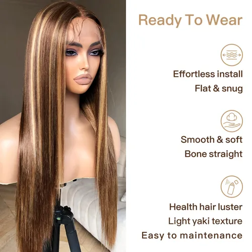 Miniatura 4 de BrownBomb Peluca balayage rubio miel con encaje frontal prearrancada, peluca sintética con encaje frontal, HD sin pegamento 13X5X1 pelucas de encaje