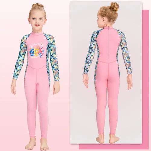 Miniatura 2 de Traje de baño de cuerpo completo de una pieza de manga larga para niños, traje de baño de protección solar para niños y niñas