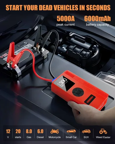 Miniatura 2 de [Actualizado] Arrancador con compresor de aire, arrancador de batería de coche (8L de gasolina/6L diesel), arrancador de batería portátil de 12 V
