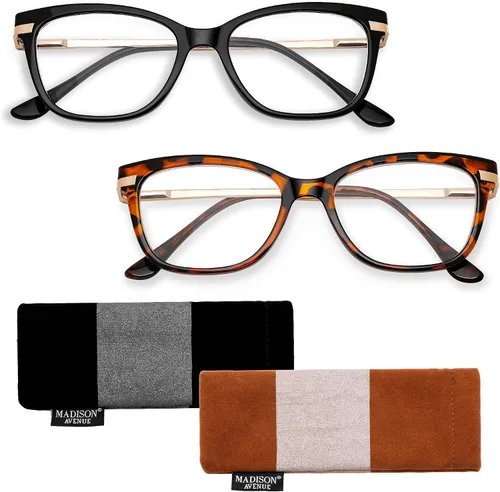Madison Avenue Paquete de 2 lentes de lectura Cateye para mujer, lectores de moda con bisagra de resorte cómoda, color negro, tortuga +1.0