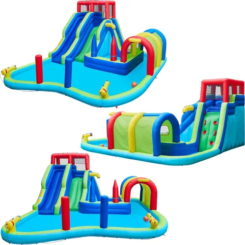 Miniatura 9 de Yaheetech Tobogán acuático inflable, tobogán acuático de doble carril con túnel largo y pared de escalada y sacos de boxeo y juego de lanzamiento