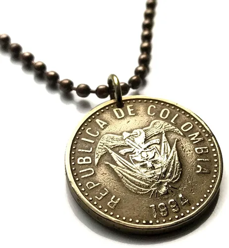 2006 Colombia 100 Pesos coin pendant Colombian flags Andean condor Bogota Medellin Cali Barranquilla Cartagena Antioquia Valle del Cauca Cúcuta