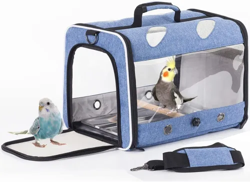Miniatura 10 de Porta pájaros de viaje con soporte y percha, jaula transpirable para loros, portador de pájaros para senderismo, aprobado para aerolíneas Gris