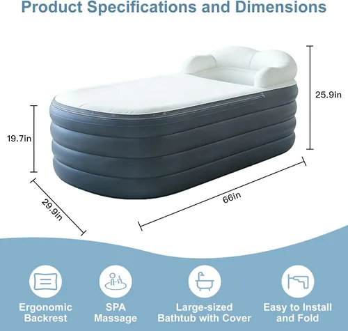 Miniatura 2 de Alfombrilla inflable de masaje de burbujas para bañera, bañera de spa portátil para adultos, agitador todo en uno y bomba de aire, ajustes