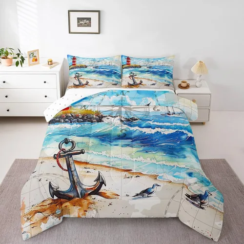 Miniatura 23 de Castle Fairy Juego de edredón de verano para niños, tamaño individual, diseño náutico reversible con diseño náutico de estrellas de mar, barco y Azul