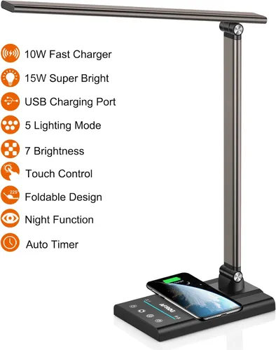 Miniatura 2 de AFROG - Lámpara de escritorio LED multifuncional de 5ª generación con cargador inalámbrico de carga rápida de 10 W, puerto de carga USB, 1800 lux