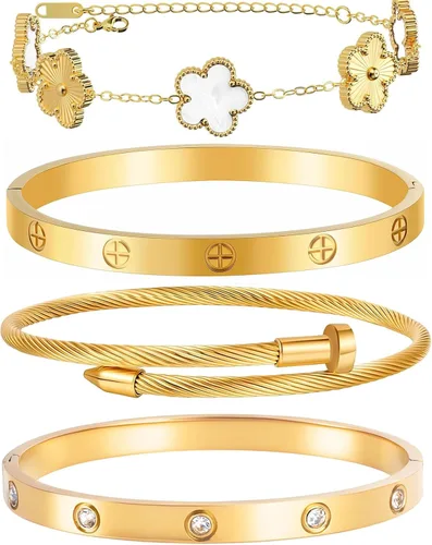 Miniatura 12 de Pulseras de oro para mujer - 4 piezas/3 piezas, juego de pulseras de tenis de 18K de oro chapado, elegantes pulseras de oro no manchadas de acero