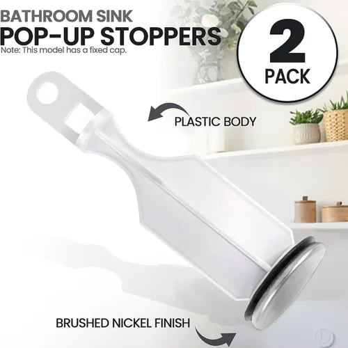 Miniatura 4 de (Paquete de 2) Tapones emergentes para lavabo de baño - con acabado de níquel cepillado - Se adapta a la mayoría de diseños de tapones emergentes
