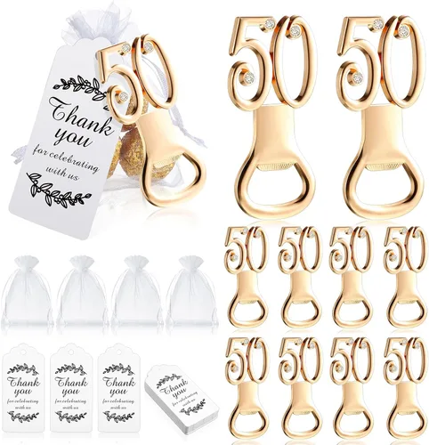 Baderke Juego de 50 abridores de botellas dorados para cumpleaños número 50, con etiquetas de agradecimiento, bolsas de organza para fiestas de 50