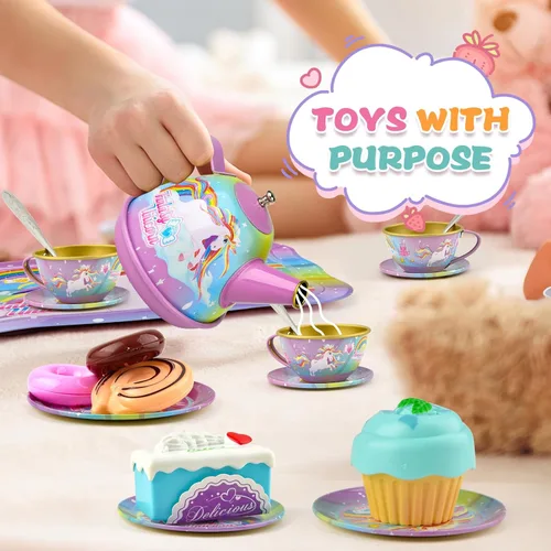 Miniatura 5 de Juego de té de unicornio para niñas pequeñas, de 3, 4, 5, 6 años, juego de simulación de cocina para niños pequeños con juego de té de estaño