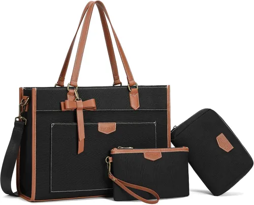 Keyli 3 piezas Bolsa para Laptop para Mujeres, 15.6 Pulgadas Bolsa de Lona Tote Bolsas de Trabajo Grandes Maletín de Computadora de Negocios Bolso