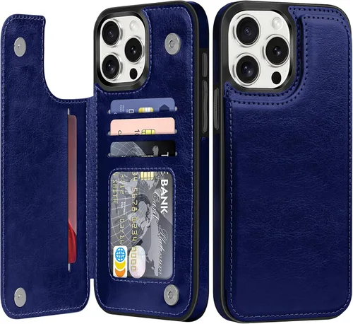 Miniatura 33 de Bizzib para iPhone 16 Plus funda tipo billetera con soporte para tarjetas, funda protectora a prueba de caídas y golpes de poliuretano premium