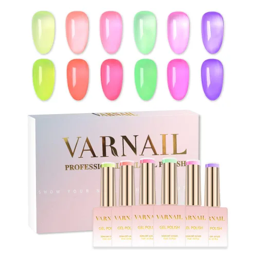 Miniatura 13 de VARNAIL Rainbow Candy Jelly - Kit de esmalte de uñas de gel de 6 colores y capa base de regalo, kit de esmalte de gel transparente arcoíris