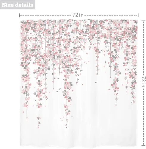 Miniatura 3 de Cortina de ducha floral gris y rosa de 72x72 pulgadas, flores de cerezo en rosa polvoriento y flores llorosas en primavera, tela impermeable
