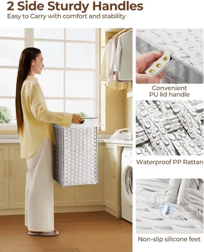 Miniatura 4 de Cesta de ropa Greenstell con tapa, sin necesidad de instalación, 110 L, cestos de lavandería de mimbre plegables con 2 bolsas extraíbles, cesto
