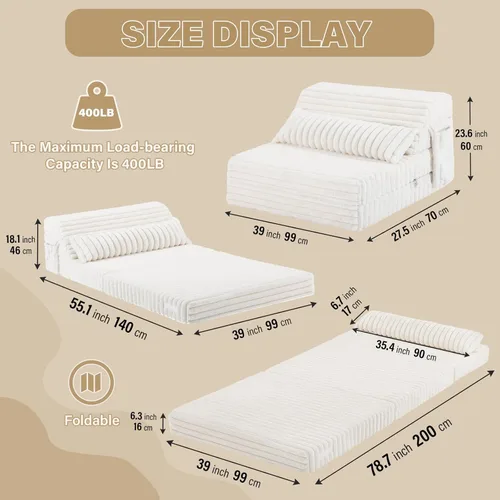 Miniatura 3 de Tiita Sofá cama plegable tamaño individual, colchón convertible con almohada, colchón de pana gruesa para el suelo, sofá cama con bolsillo lateral