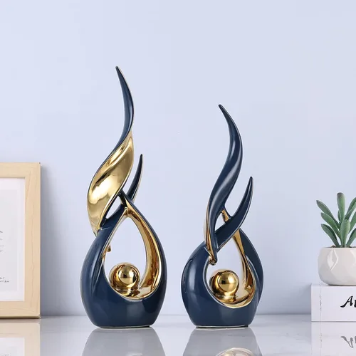 Miniatura 4 de 2 estatuas de cerámica de oro azul para decoración del hogar, esculturas modernas de arte abstracto, elegantes objetos decorativos de mesa