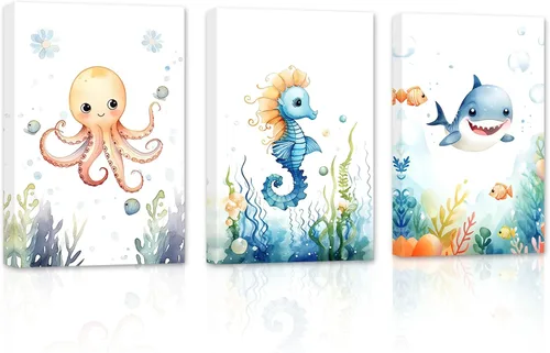 ZXHYWYM Arte de pared de 3 piezas para habitación del bebé, diseño de tiburón de pulpo, caballito de mar, tiburón, impresiones sobre lienzo,