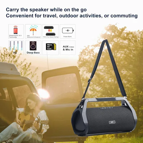 Miniatura 8 de Altavoz Bluetooth Boombox retro, sonido exterior de 80 W, resistente e impermeable, correa y mango incorporados, graves intensos, tiempo