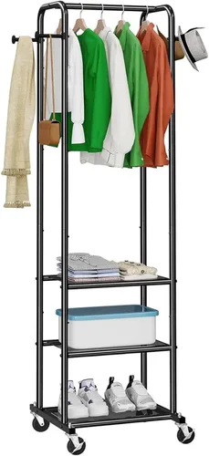 Ekisemio Perchero de ropa resistente con ruedas, moderno perchero con 3 estantes de metal, color negro