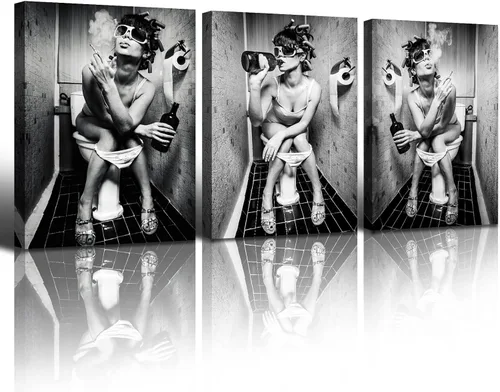 Miniatura 10 de Arte de pared para decoración de baño, 3 piezas, arte de pared en blanco y negro, pósteres sexys, impresión en lienzo, pintura de silueta nebulosa