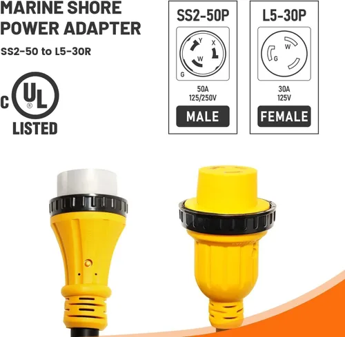 Miniatura 8 de MECMO Cable adaptador de corriente marina de 50 amperios a 30 amperios, enchufe marino 50A SS2-50P a L5-30R RV 30A Receptáculo hembra adaptador