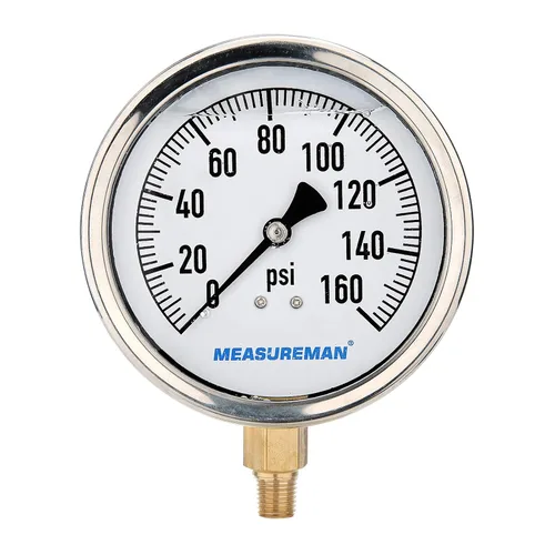 MEASUREMAN Tamaño del dial de 4", manómetro de plomería relleno de glicerina, 0-160psi, caja de acero inoxidable, montaje inferior NPT de 1/4"