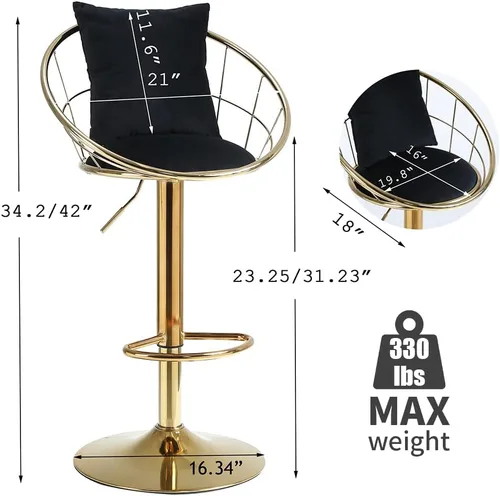 Miniatura 3 de Juego de 2 taburetes de bar giratorios de terciopelo, sillas de bar ajustables con respaldo y reposapiés, silla moderna para isla de cocina