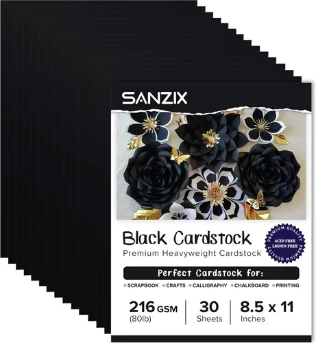 SANZIX 30 hojas de papel de cartulina negra de 8.5 x 11 pulgadas, 80 libras/216 GSM, papel de impresora pesado para tarjetas de bricolaje, álbumes