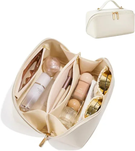Miniatura 25 de Bolsa de cosméticos de viaje de gran capacidad - Bolsas de maquillaje portátiles para mujeres, impermeable, de cuero PU a cuadros, con organizador