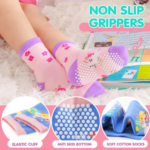 Miniatura 4 de Welwoos Calcetines de algodón transpirable para bebés y niñas pequeñas, 12 pares de calcetines antideslizantes antideslizantes de animales