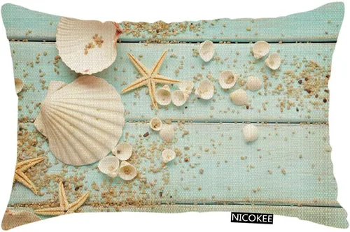 Funda de almohada decorativa con diseño de concha de océano, estrellas de mar, color verde claro, tablero de madera, decoración del hogar, 20 x 12